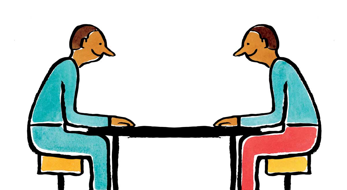 Illustration of two people sitting around a table during an interview