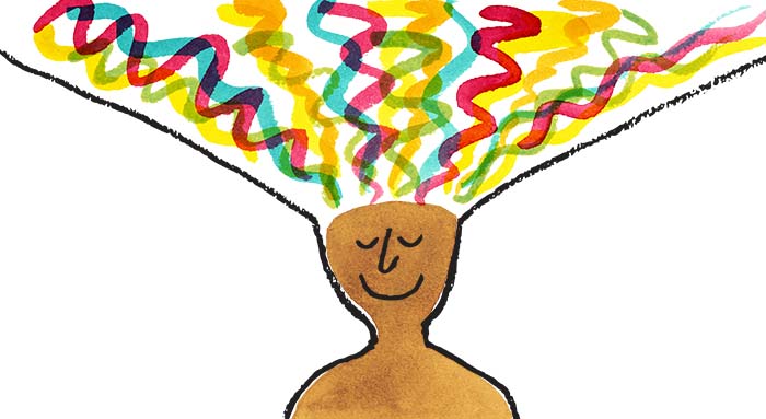 Illustration of a person with rainbow ribbons coming out of their head